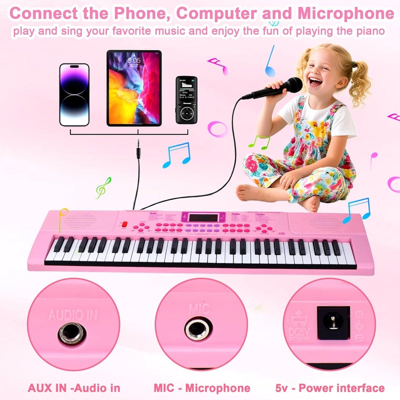 Pitowl Kids Keyboard Piano, 61 Light-up Key Electric Piano Musical Learning Toy for Beginners with Microphone, Music Stand, Notekey Sticker, Birthday Xmas Gift for 3-10 Years Old, Pink - Image 5